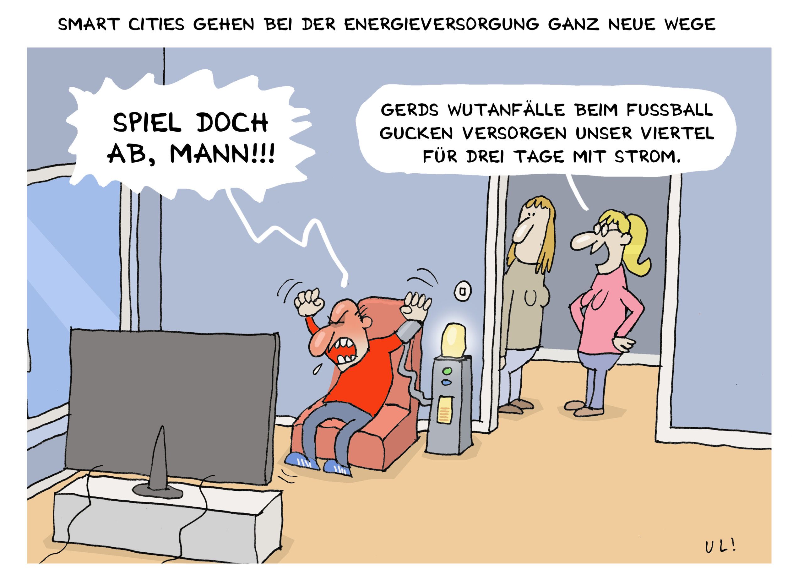 Cartoon: Ein wütender Mann vor Fernseher an Stromgenerator angeschlossen. Zwei Frauen im Hintergrund: "Gerds Wutanfälle beim Fußball Gucken versorgen unser Viertel für drei Tage mit Strom."