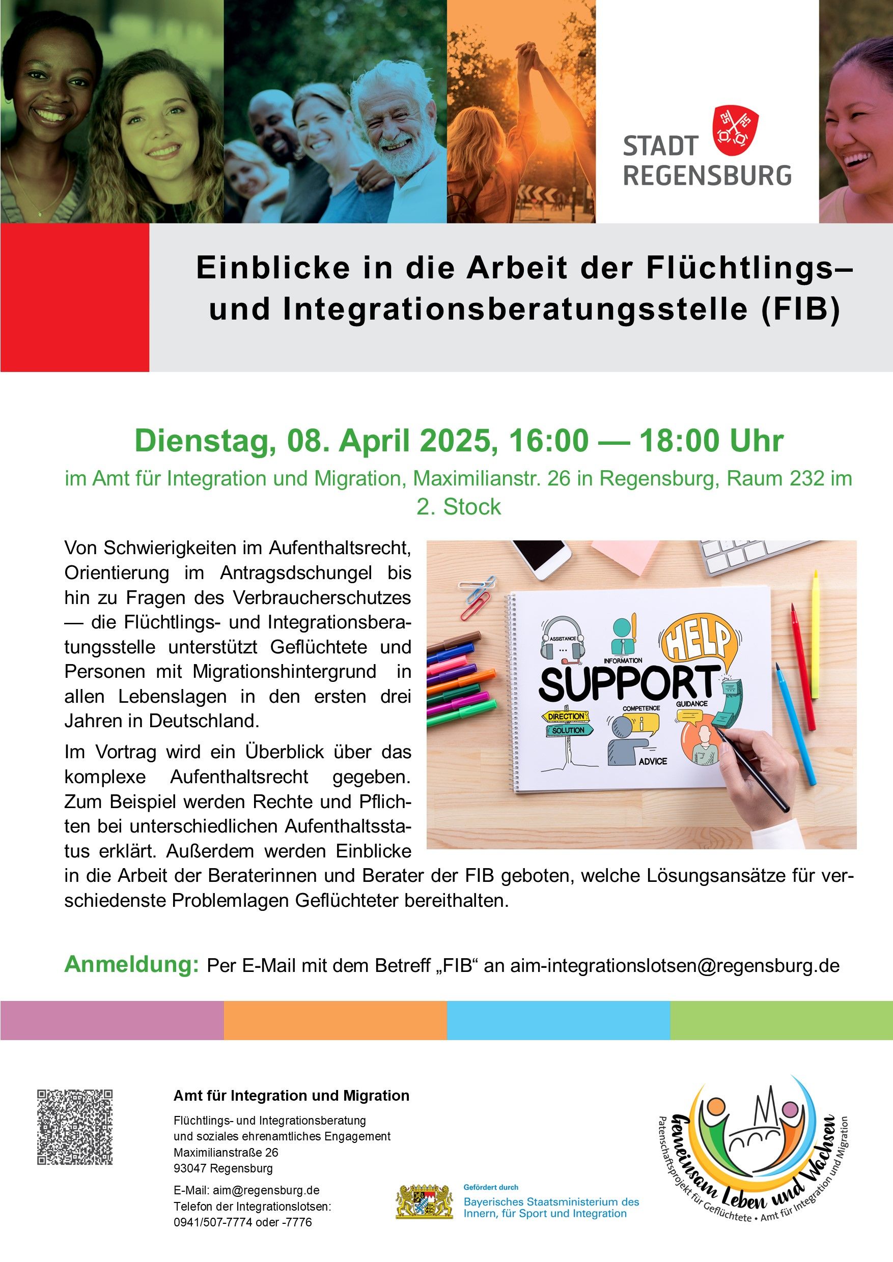 Plakat zum Vortrag über die Plakat Flüchtlings- und Integrationsberatungsstelle am 08.4.2025