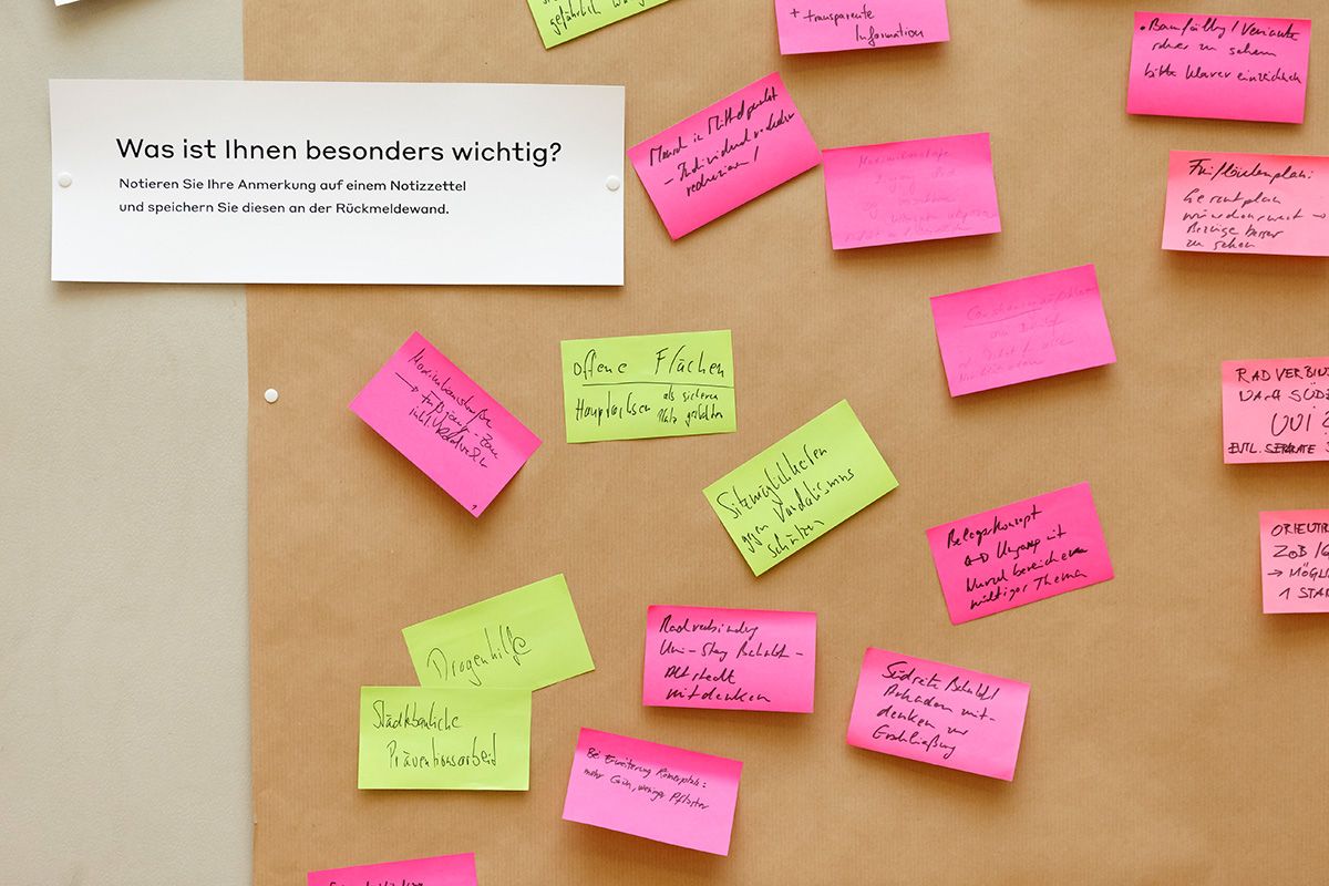 Bahnhofsumfeld - Feedback zum Dialogforum 1 - Pinwand mit Haftnotizen