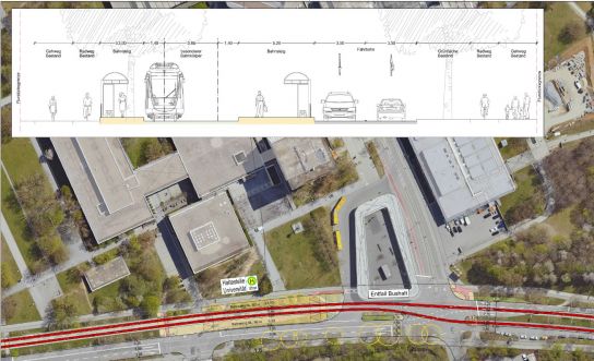 Grafik: Planungsausschnitt Universität-/OTH-Haltestelle (C) Ingenieurgemeinschaft für den Masterplan Stadtbahn Regensburg Schüßler-Plan GmbH und Mailänder Consult GmbH