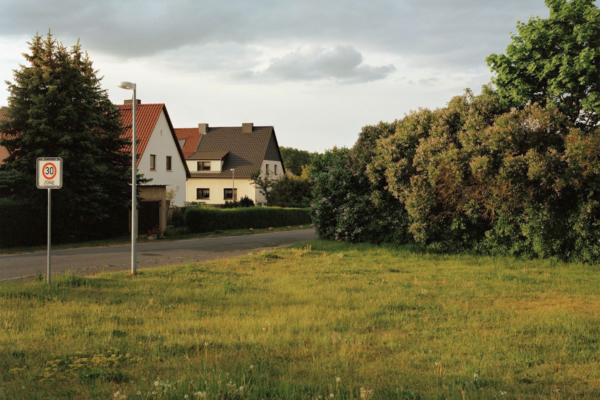 Fotografie - Blick von einer Wiese auf eine Straße mit zwei Häusern, am rechten Bildrand Sträucher