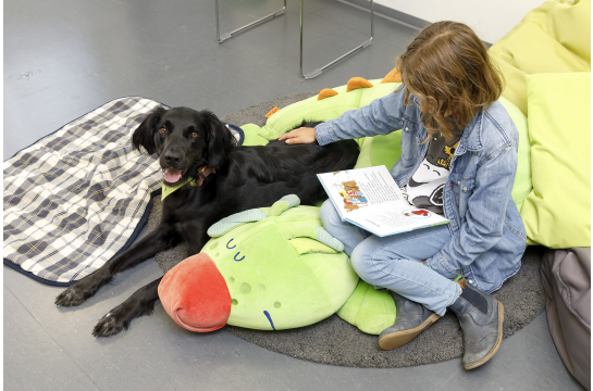 Fotografie: Ein Kind liest einem schwarzen Hund vor.