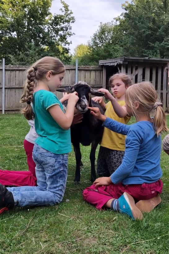Fotografie-  8 Kinder stehen im Kreis, halten sich an den Schultern und schauen nach unten in die Kamera