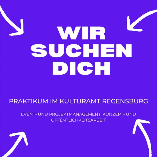 Grafik - Weiße Schrift auf blauem Grund "Wir suchen dich" © Stadt Regensburg, Kulturamt