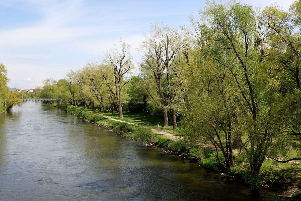 Fotografie - Blick von oben auf Donau und grüne Donauinsel mit Spazierweg