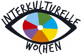 Grafik - Auge mit bunter Pupille und Schriftzug Interkulturelle Woche als Augenlider