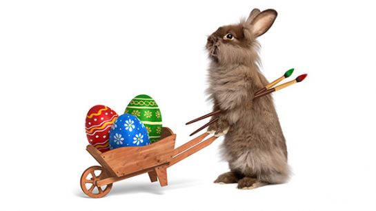 Ein Hase schiebt eine Holzkarre mit bunten Ostereiern darin (C) mdorottya123RF