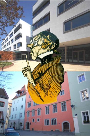 Collage - Logo Archivpädagogik; Bild oben Von-Müller-Gymnasium Regensburg Außenansicht, Bild unten Stadtarchiv Regensburg Außenansicht; Mitte Symboldbild Lehrer Lämpel von Wilhelm Busch