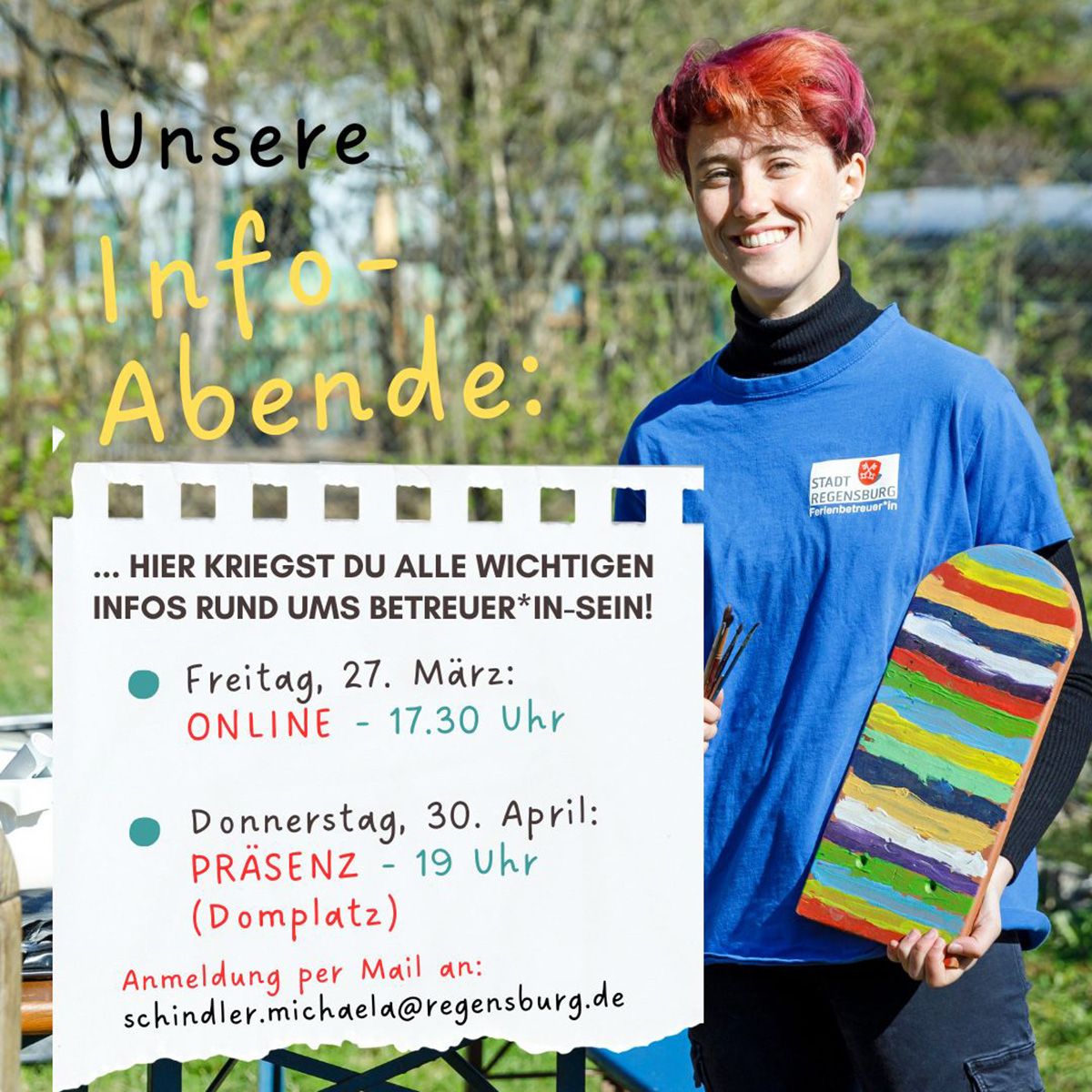 Bild - auf dem Bild ist im Hintergrund eine junge Frau zu sehen; im Vordergrund die Termine der Infoabende 2026