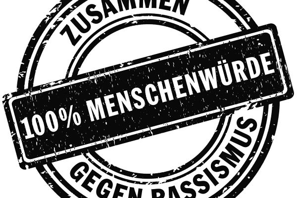 Kreisrundes Stempellogo mit der Aufschrift 100 Prozent Menschenwürde - Zusammen gegen Rassismus
