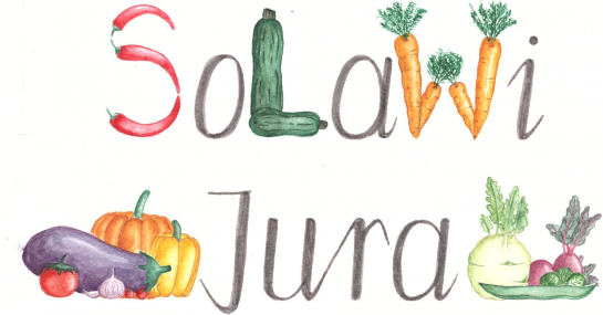 Logo der solidarischen Landwirtschaft Jura. Schriftzug Solawi bestehend aus Gemüse