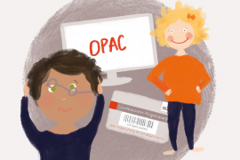 Grafik - Die Figuren Max und Susi stehen ratlos vor dem OPAC. (C) Andrea Borowski