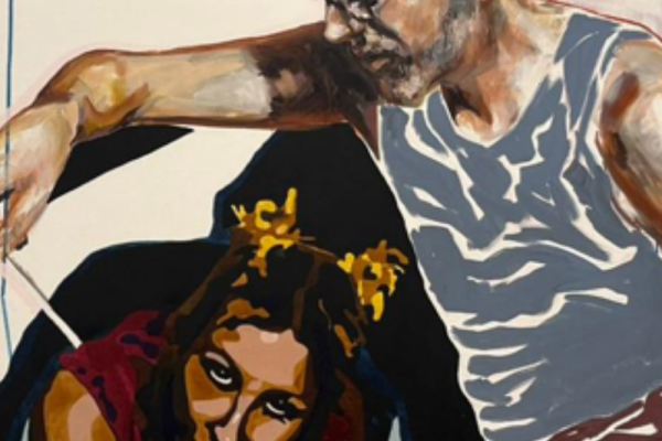 Der Bildausschnitt zeigt eine künstlerische Darstellung von zwei Personen. Die Darstellung ist farbenfroh und kontrastreich, mit kräftigen Farben.