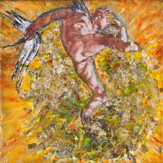 Kunstwerk – buntes Gemälde mit vom Himmel fallendem Ikarus