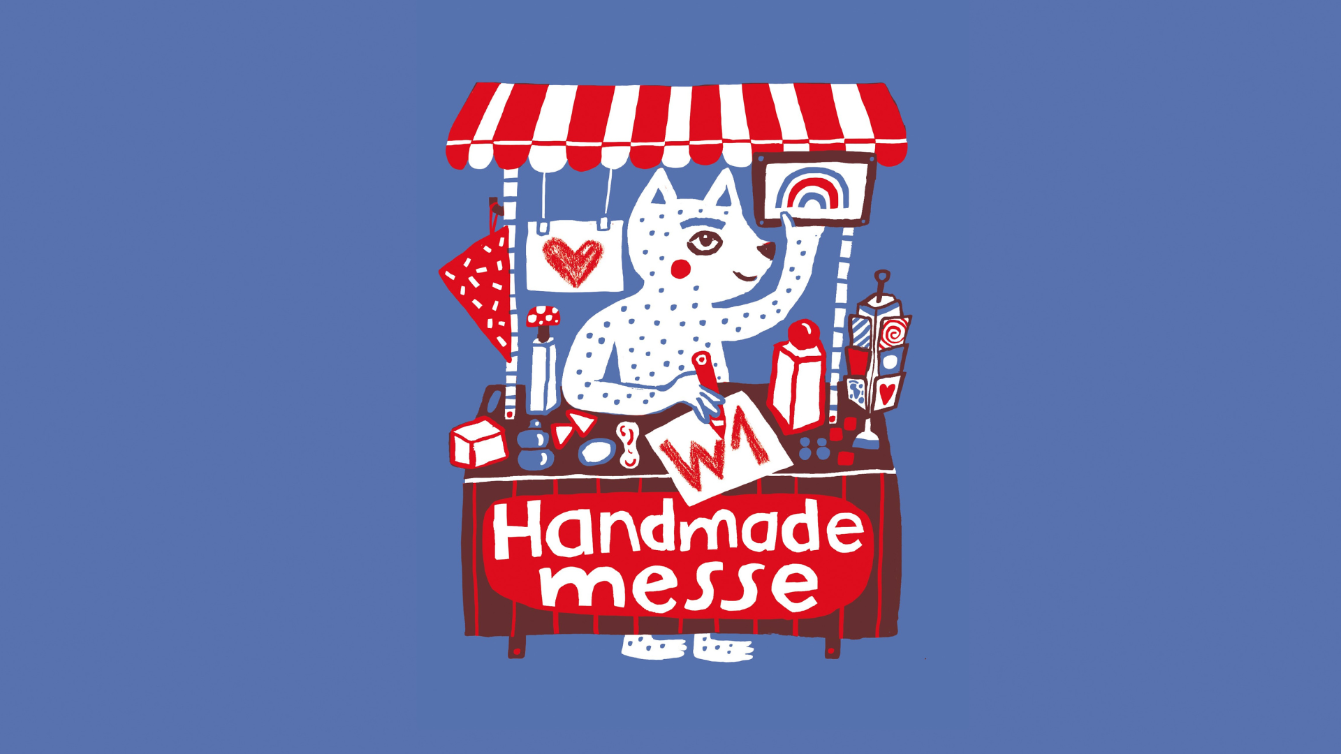 Zu sehen ist das Motiv der diesjährigen Handmademesse 2025. Es wurde von Kristina Brasseler entworfen und zeigt eine Art Hund der aufrecht hinter einem Verkaufswägelchen steht und gepunktet ist. Er hält ein Schild in der Hand auf dem "W-1" steht und auf dem Stand steht "Handmademesse". Das Tier verkauft kleine handgemachte Sachen wie Karten oder würfel. Das Bild ist illustriert in den Farben rot, blau und weiß