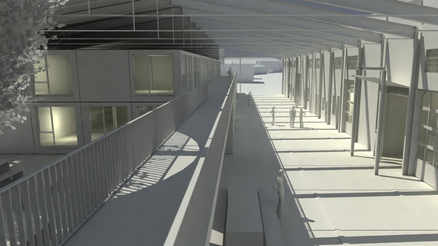 Fotografie – Visualisierung Kreativareal: Durch den teilweisen Rückbau des Daches entsteht zwischen den Hallen 4 und 5 ein Laubengang.