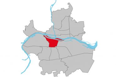 Grafik - Kartendarstellung der Regensburger Stadtteile, der Stadtteil Innenstadt ist rot hinterlegt, die restlichen Stadtteile sind weiß