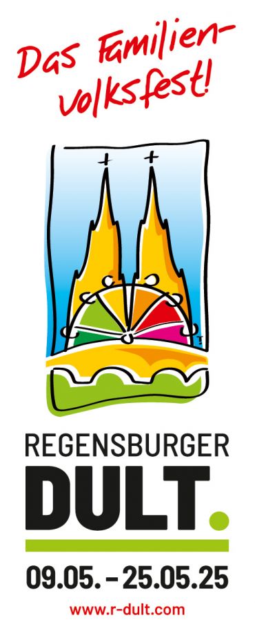 Grafik - illustrierte gelbe Domtürme im Hintergrund, davor ein buntes Riesenrad