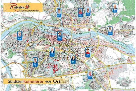 Grafik - Kartenansicht der Regensburger Stadtteile mit eingefügten Fotos der jeweiligen Stadtteilkümmerer