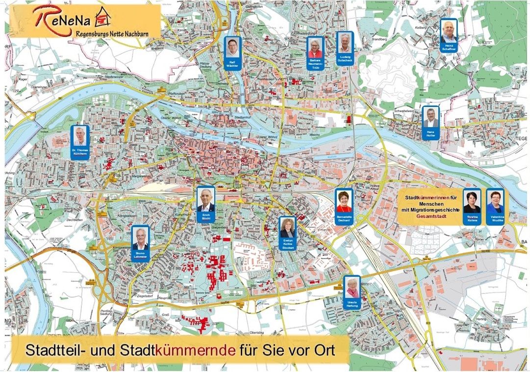 Grafik - Kartenansicht der Regensburger Stadtteile mit eingefügten Fotos der jeweiligen Stadtteilkümmerer