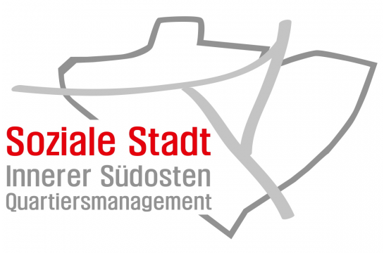 Grafik - Logo, weißer Hintergrund, Umriss des Stadtviertels in grau gezeichnet, roter Schriftzug "Soziale Stadt", grauer Schriftzug "Innerer Südosten" sowie "Quartiersmanagement"