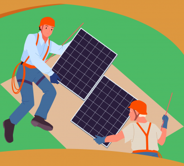 Zwei Handwerker tragen jeweils ein Photovoltaikmodul. Im Hintergrund ist eine hellrote Fläche, das soll ein Dach darstellen. Das Foto ist gezeichnet.
