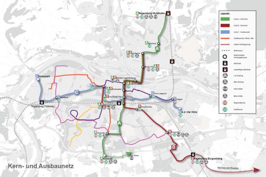 Karte des geplanten Stadtbahnnetzes