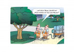 Cartoon: Zwei Stadt-Mitarbeiter vor einem Baum im Gespräch zu smarter Bewässerung: "... und dieser Baum schreibt mir: Heute möchte ich 120 Liter Wasser!" (C) Bernd Eisert