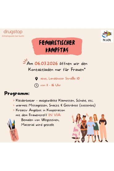 Infoplakat zu Aktion von drugstop und invia zum Frauentag am 8. März in Regensburg