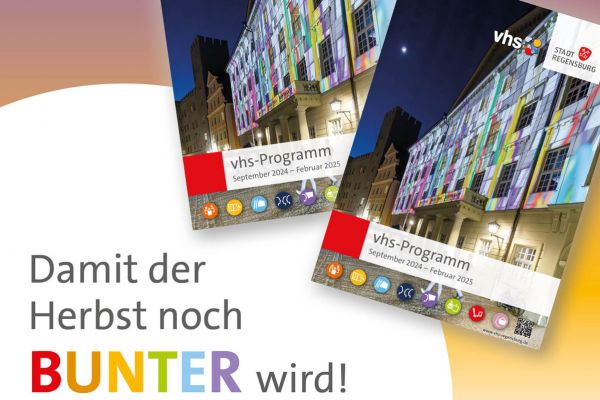 Grafik: Damit der Herbst noch bunter wird! vhs-Programm September 2024 – Februar 2025