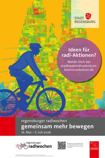 Plakat  - Das Bild zeigt das Poster für die regensburger radlwochen, auf dem ein blauer Fahrradfahrer am grün-orange schraffierten Dom auf einem lila-gefärbten Weg vorbeifährt