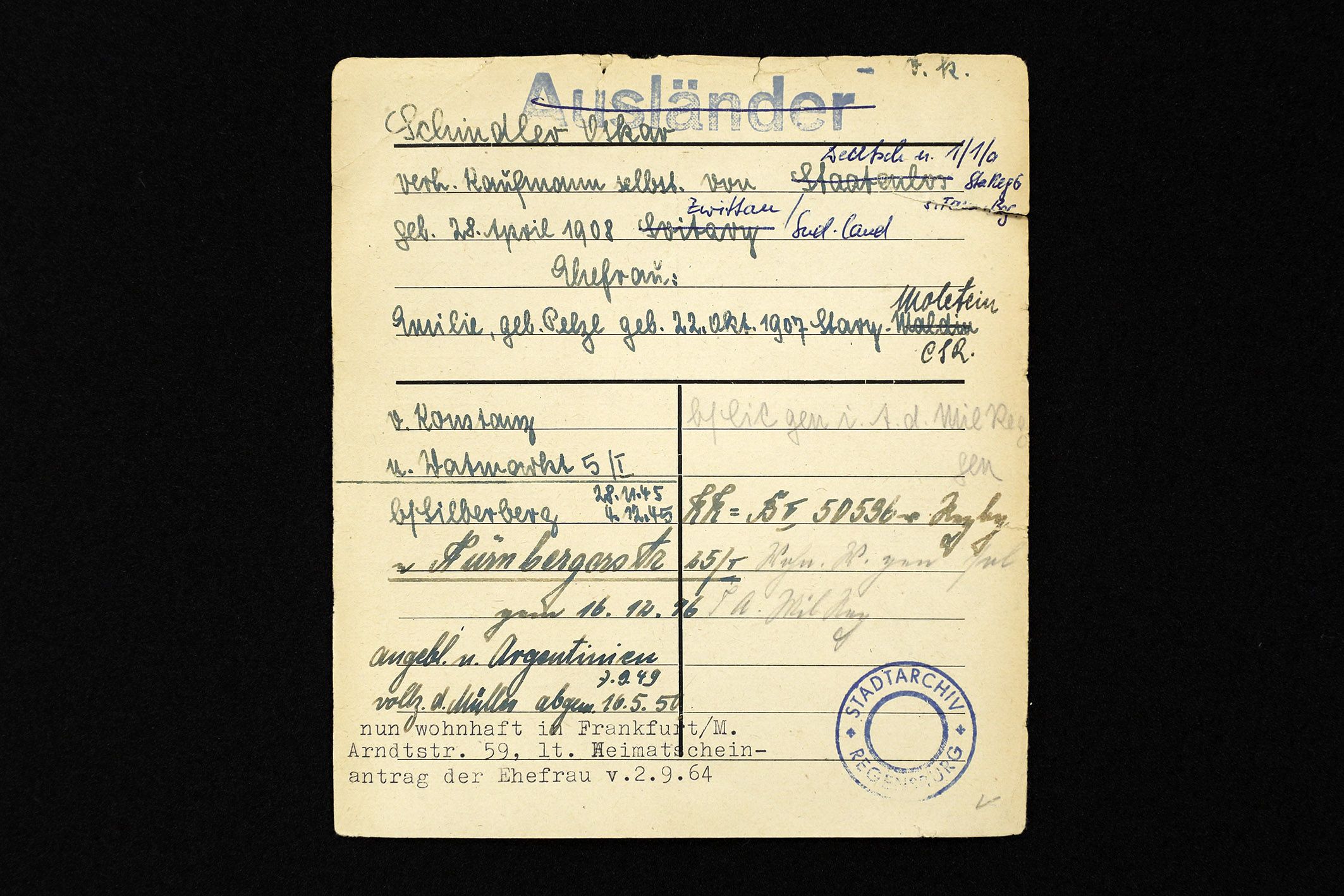 Fotografie: Meldekarte Schindler