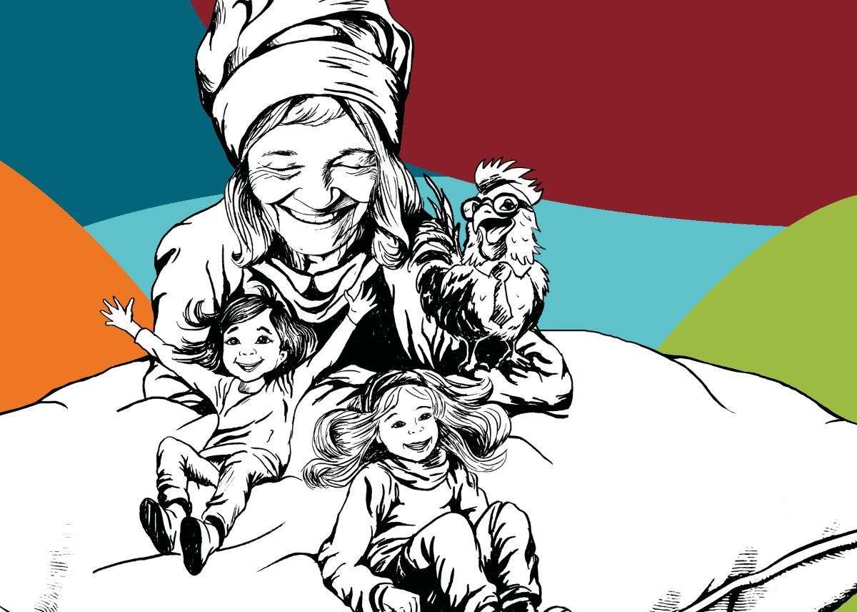 Grafik - Frau Holle mit zwei Kindern und Gockel
