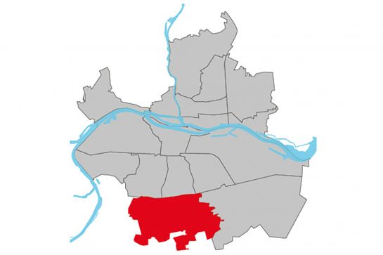 Grafik - Kartendarstellung der Regensburger Stadtteile, der Stadtteil Oberisling-Graß ist rot hinterlegt, die restlichen Stadtteile sind weiß