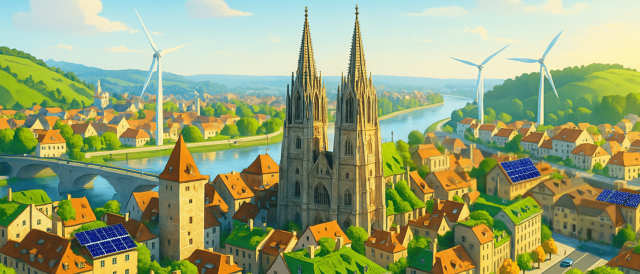 Blick auf die Regensburger Altstadt als zukunftsidealisiertes Foto. Im Hintergrund sind Windräder zu sehen. Im Vordergrund mittig ist ein Dom und links ist eine Brücke aus dem Mittelalter zu sehen. Unter der Brücke fließt ein Fluss. Weiterhin sind Häuser, teilweise mit Dachbegrünung oder Solarmodulen auf den Dächern, zu sehen. Zwischen den Häusern sind Bäume und Wiesen zu sehen.