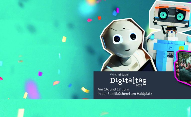 Roboter Pepper namens Charlie mit Konfetti