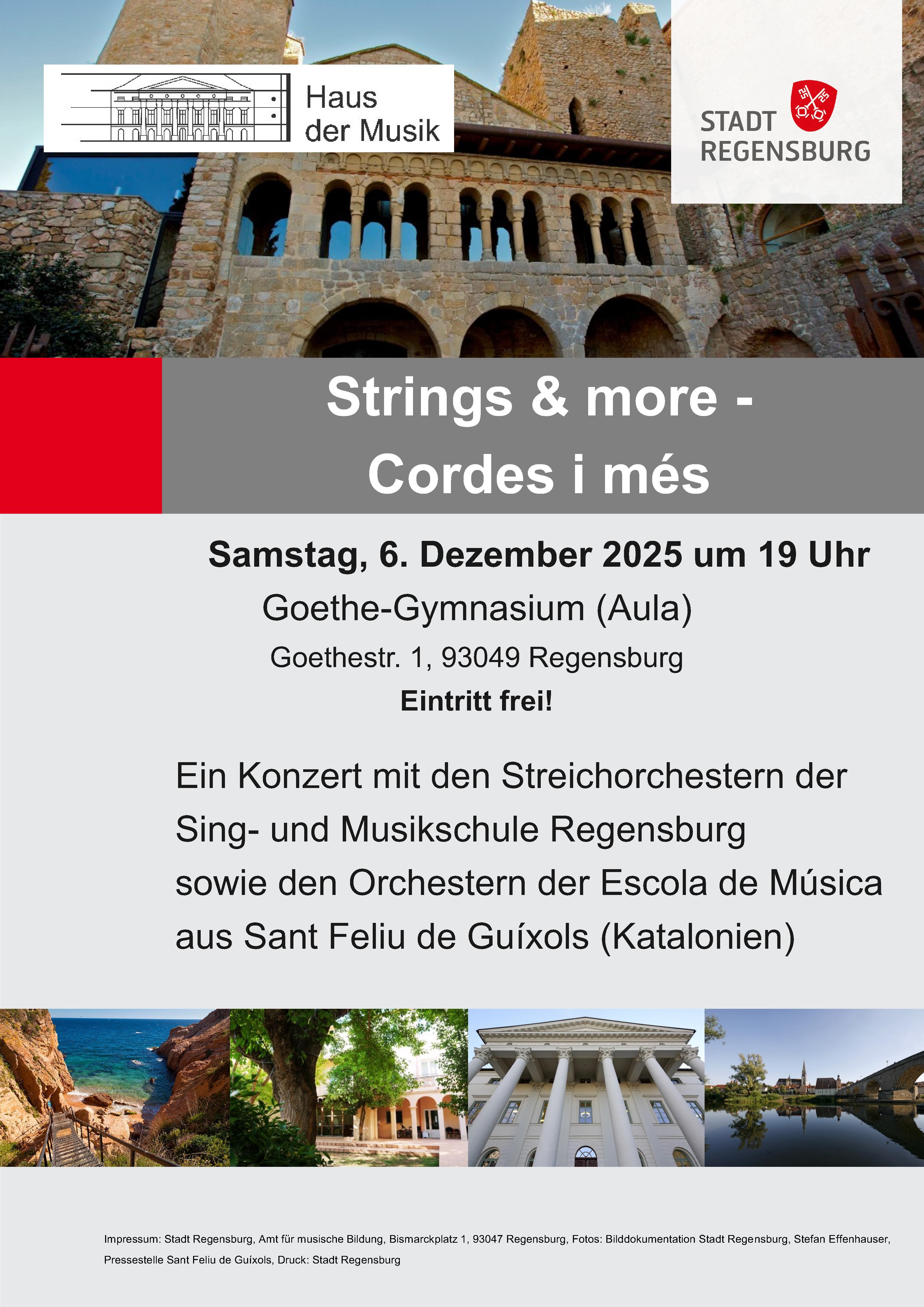 Strings & more - Konzert mit den Streichorchestern der Sing- und Musikschule und der Escola de Música aus Sant Feliu de Guíxols (Katalonien) - am Samstag, den 6.12.25 um 19 Uhr in der Aula des Goethe Gymnasiums Regensburg 