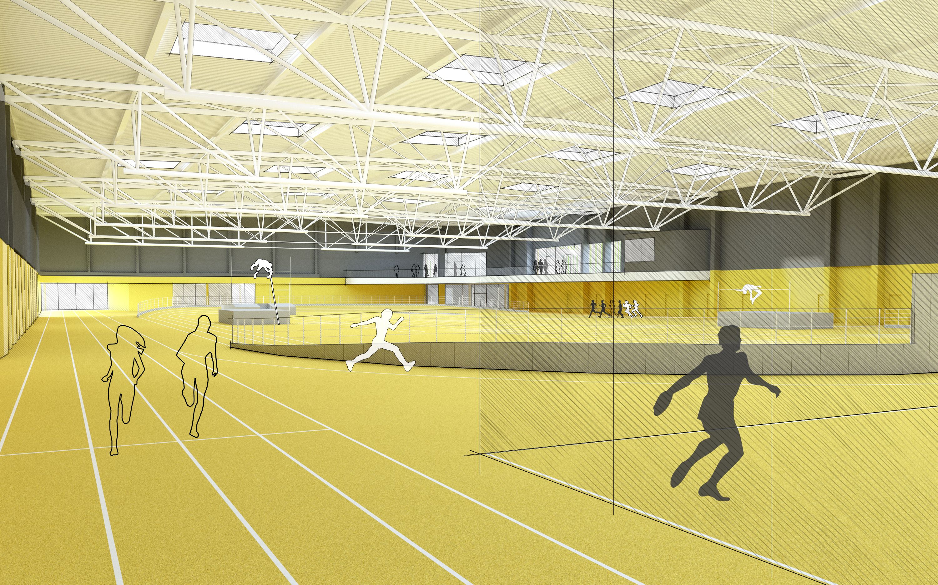 Skizze: Innenansicht der Leichtathletikhalle im Sportpark Ost