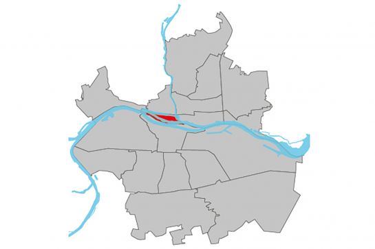 Grafik - Kartendarstellung der Regensburger Stadtteile, der Stadtteil Stadtamhof ist rot hinterlegt, die restlichen Stadtteile sind weiß