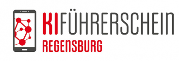 Man erkennt das Logo des Anwendungsprojekts: Links ist der Screen eines Handys zu erkennen; rechts in rot und grauer Schrift "KIFÜHRERSCHEIN REGENSBURG".