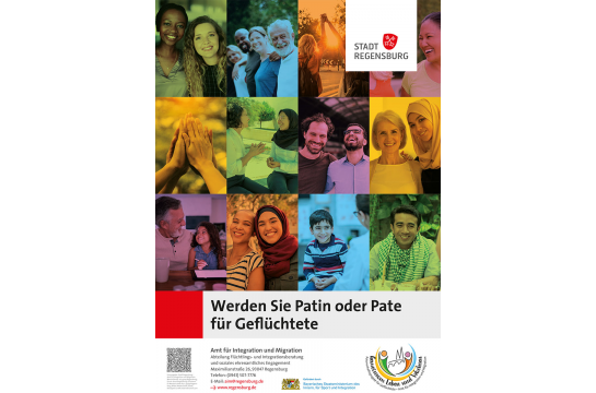 Plakat - Patenschaften für Geflüchtete - Auf dem Plakat sind Menschen unterschiedlicher Hautfarbe, Alter und Geschlecht abgebildet