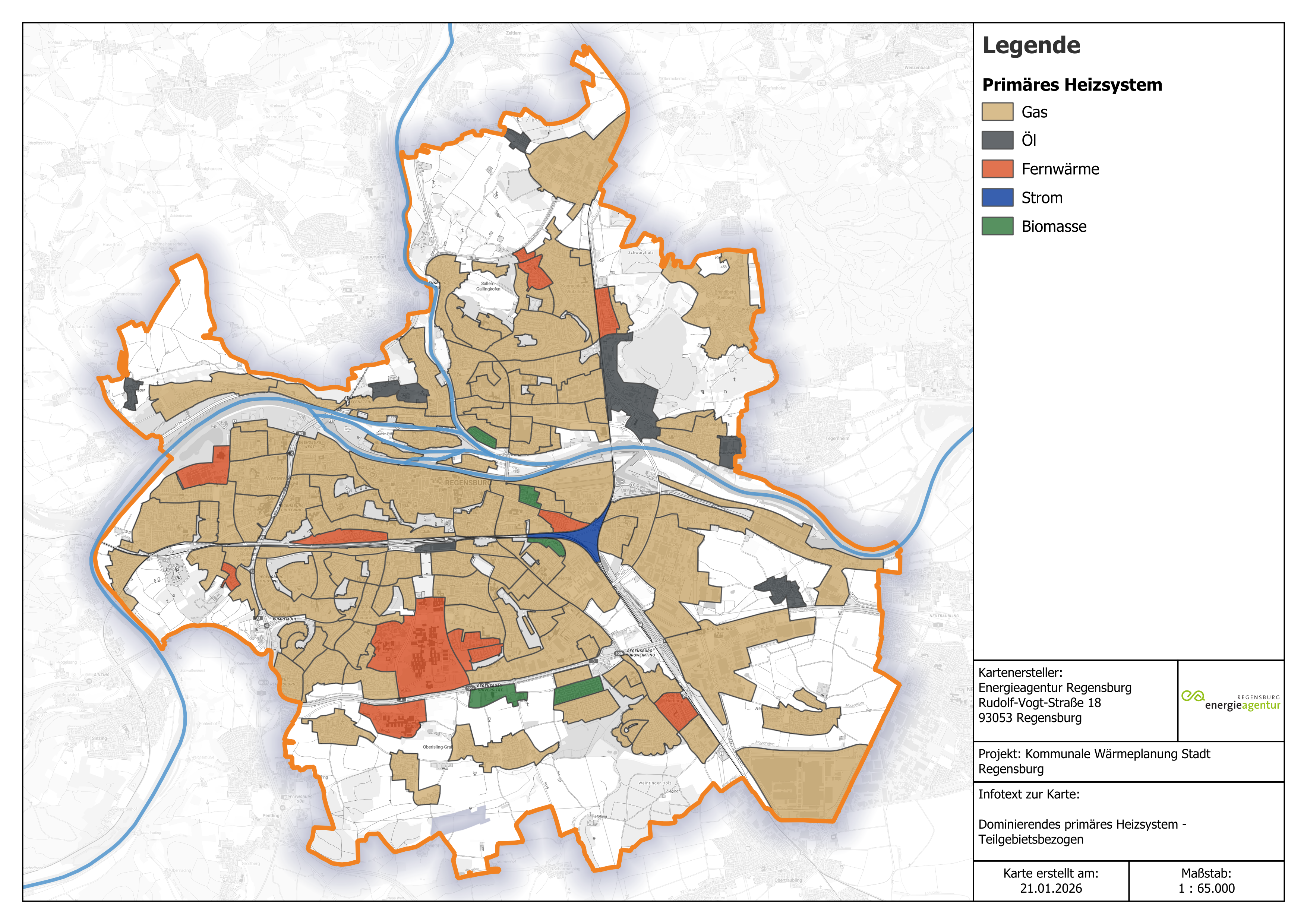 Karte: Übersicht über die dominierende Art der Heizsysteme je Teilgebiet