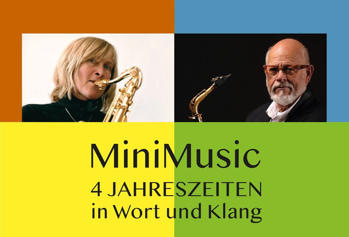 Grafik/Fotografie_Grafische Darstellung mit vier farbigen Feldern mit Fotos von einer Saxofonistin und einem Saxofonisten und einem Schriftzug