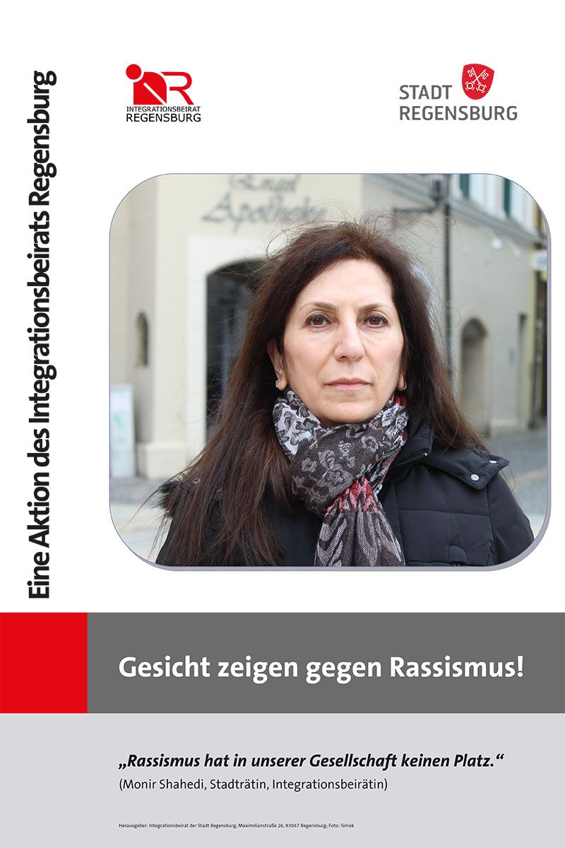 Portraitfoto von Frau Monir Shahedi zur Aktion Gesicht zeigen gegen Rassismus. Darunter ihr Zitat: „Rassismus hat in unserer Gesellschaft keinen Platz.“
