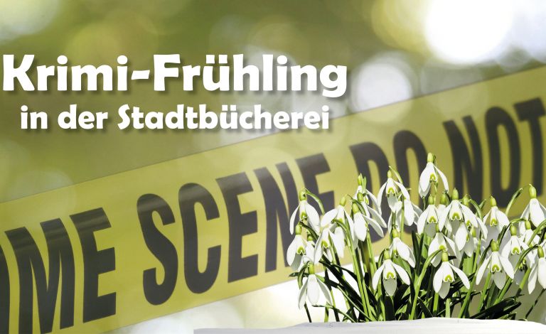 Banner mit der Aufschrift "Crime Scene do not cross" und Schneeglöckchen