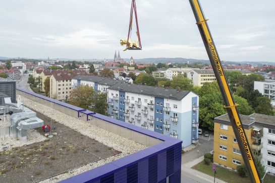 Fotografie: Ein Kran hebt die vergoldete Figur auf das Dach der Hauptfeuerwache.