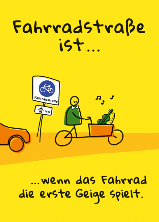 Grafik: Plakat Fahrradstraße gelb (C) Arbeitsgemeinschaft Fahrradfreundlicher Kommunen
Niedersachsen/Bremen e. V.