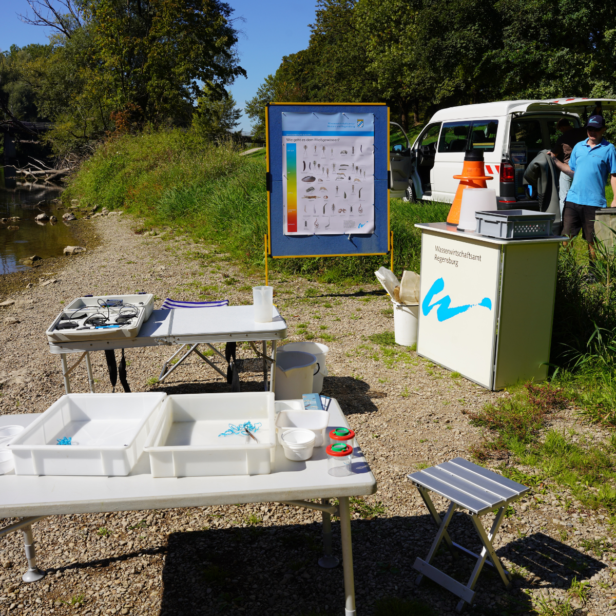 Man erkennt eine Uferstelle an der Donau, an der zwei weiße Klapptische, eine Pinnwand mit verschiedenen Kleinstlebewesen und verschiedene weiße Schalen mit Wasserproben stehen.