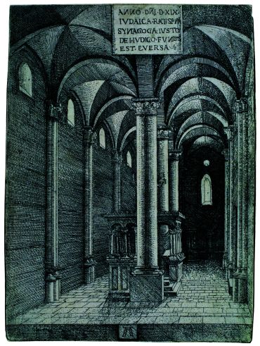 Fotografie: Die Radierung von Albert Altdorfer aus dem Jahr 1519 zeigt das Innere der Synagoge. 