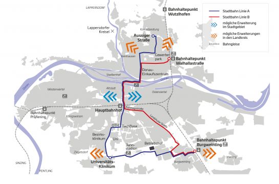 Grafik: Stadtplan mit dem Stadtbahn Kernnetz 